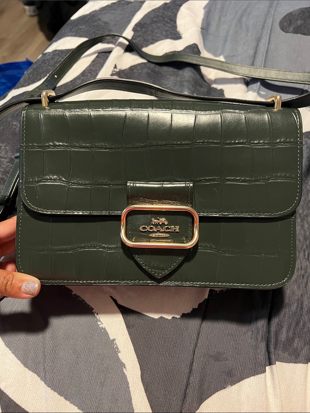Coach Dark Green Croc-Embossed Crossbody with Gold-Tone Hardware